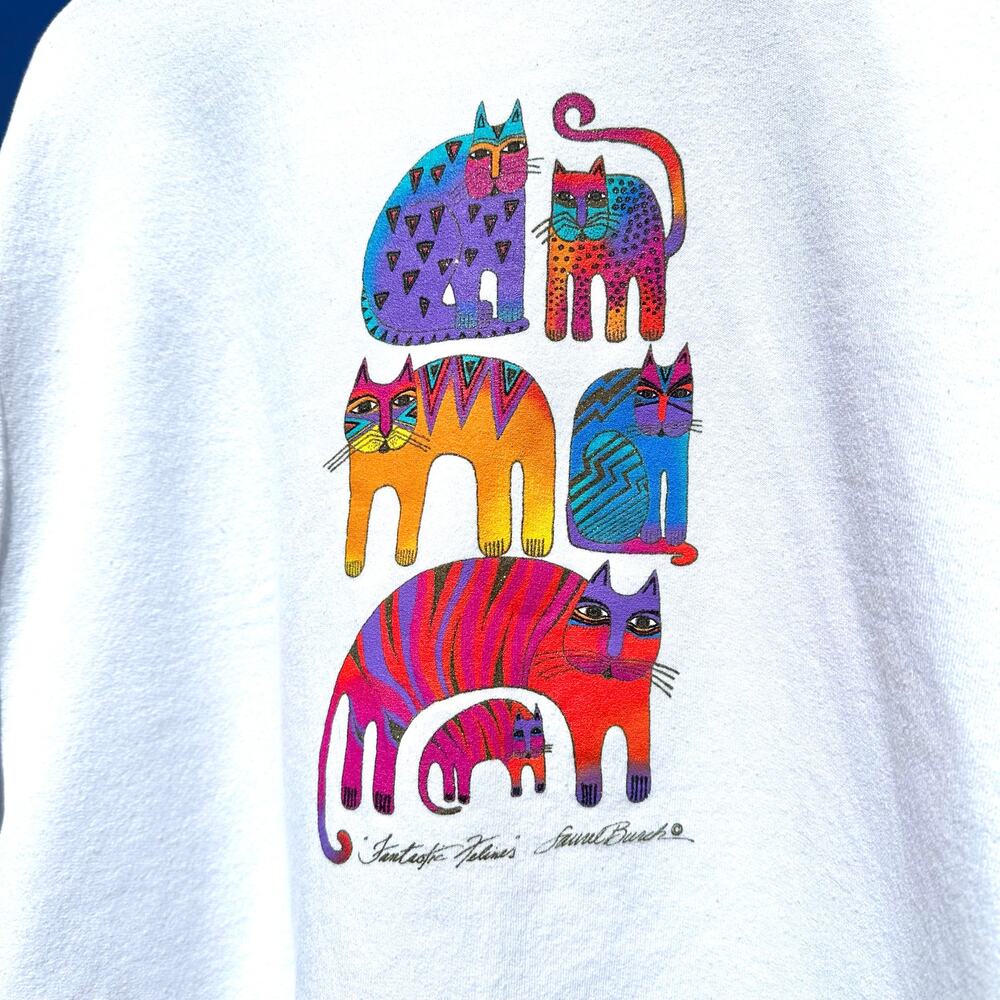 Laurel Burch Fantastic Felines Sweatshirt Sz XL Bright White Cats Artsy - Picture 2 of 9